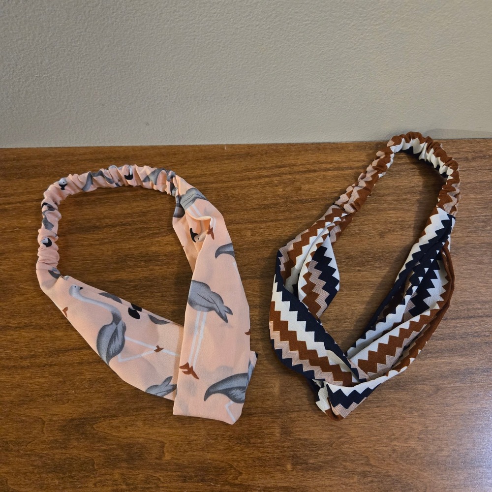 Set of 2 Twisted Fabric Headbands Flamingo Print and Chevron Zigzag Pattern